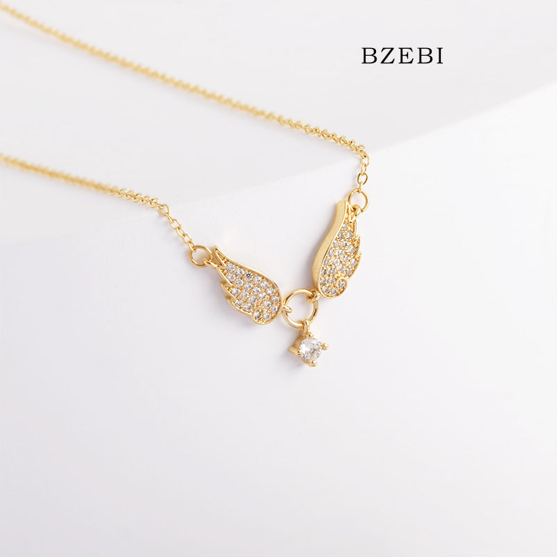 BZEBI 18k Gold Plated Cubic Zirconia Angel Wings Necklace for Women with Box