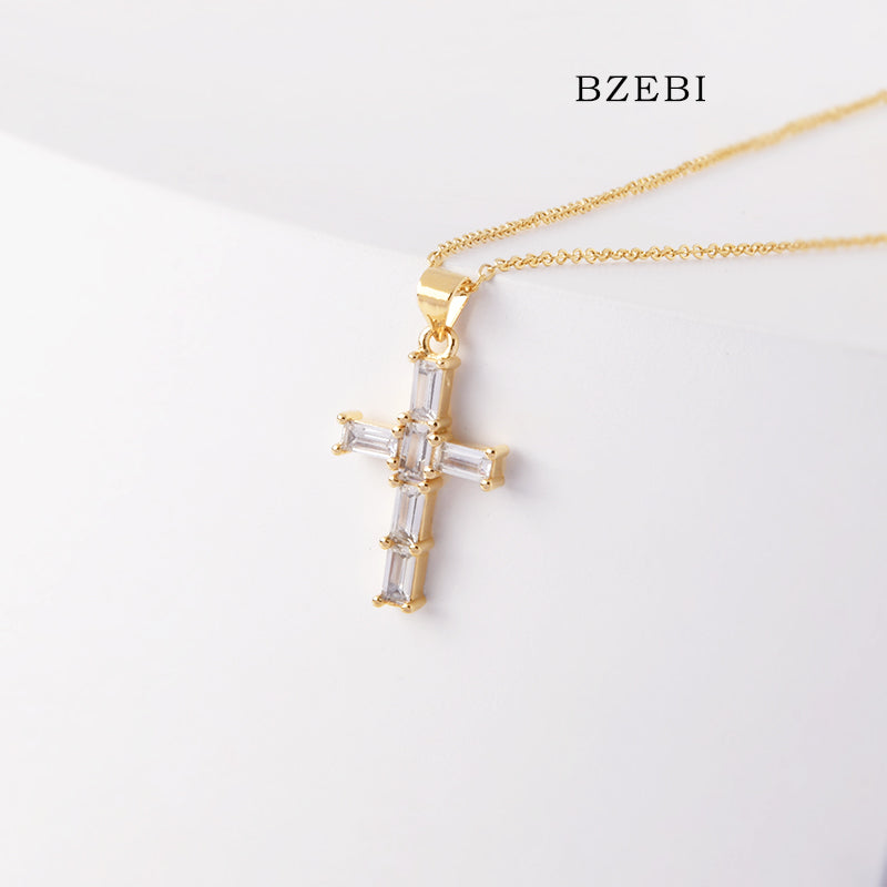 BZEBI 18k Gold Plated Cubic Zirconia Zircon Cross Necklace for Women with Box