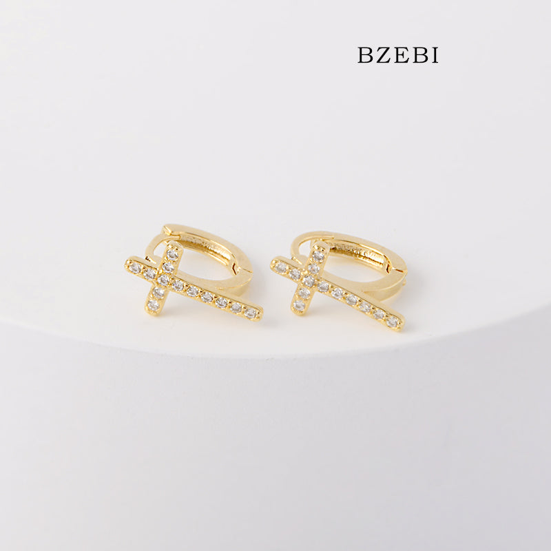 BZEBI 18k Gold Plated Cubic Zirconia Plus Buckle Stud Earrings for Women with Box