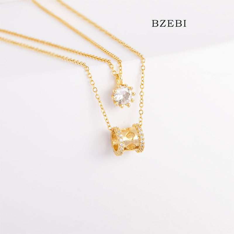 BZEBI 18k Gold Plated Cubic Zirconia Double Chain Stacked Fashion Boutique Necklace for Women with Box