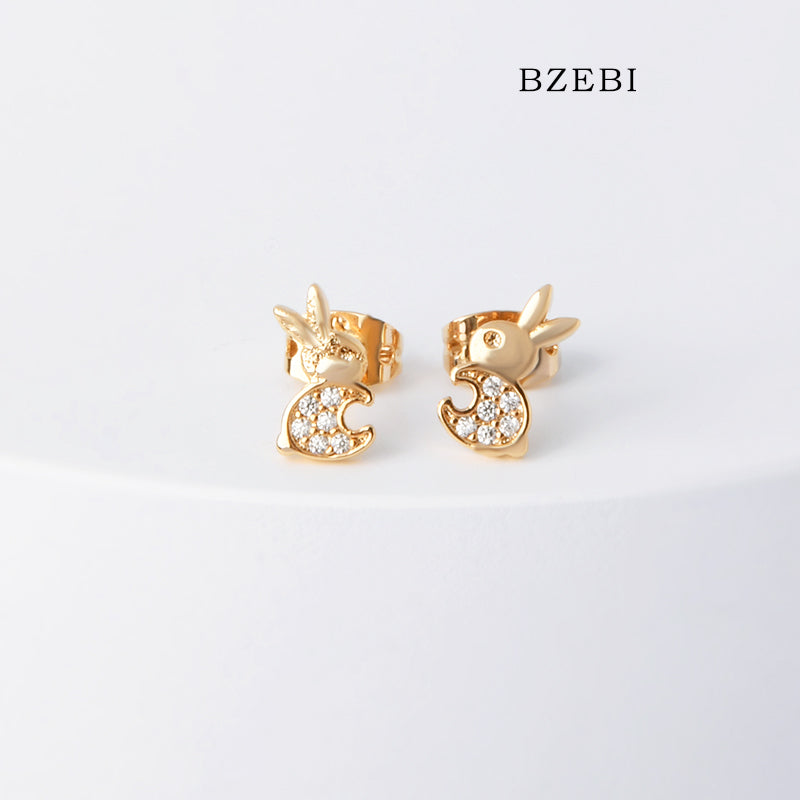 BZEBI 18k Gold Plated Cubic Zirconia Rabbit Stud Earrings for Women with Box