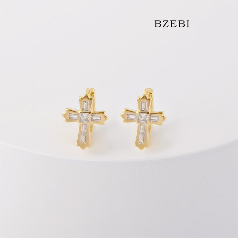 BZEBI 18k Gold Plated Cubic Zirconia Cross Buckle Stud Earrings for Women with Box