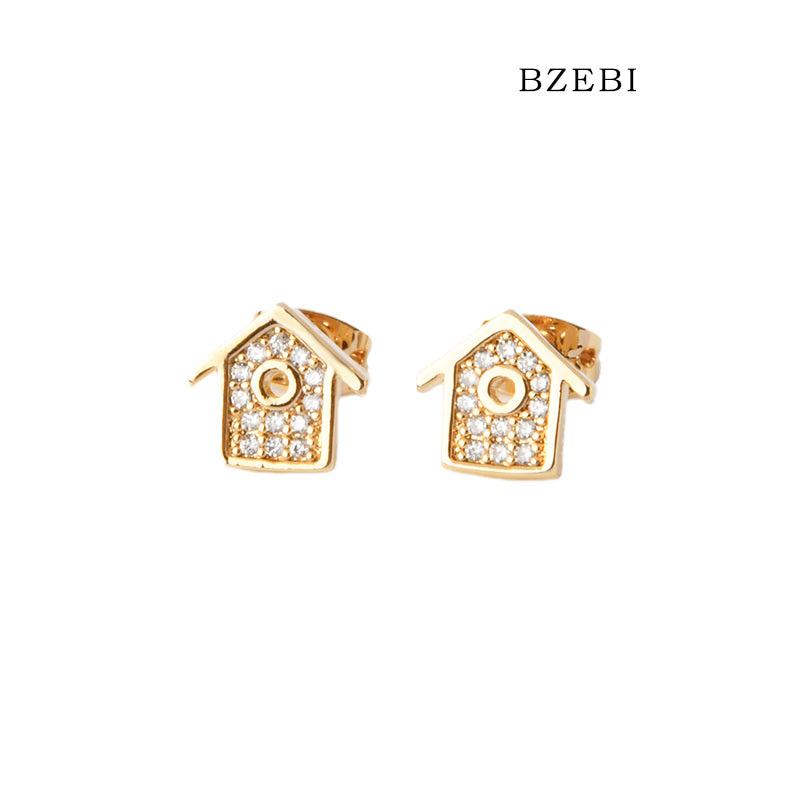 BZEBI 18k Gold Plated Cubic Zirconia House Stud Earrings for Women with Box