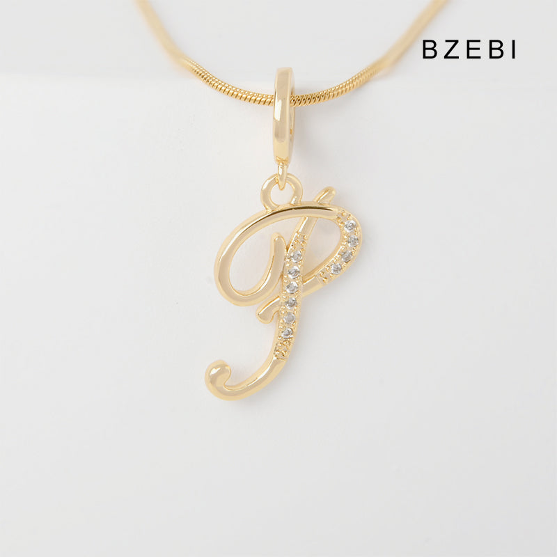 BZEBI 18K Gold Cubic Zirconia Letter P Pendant Necklace