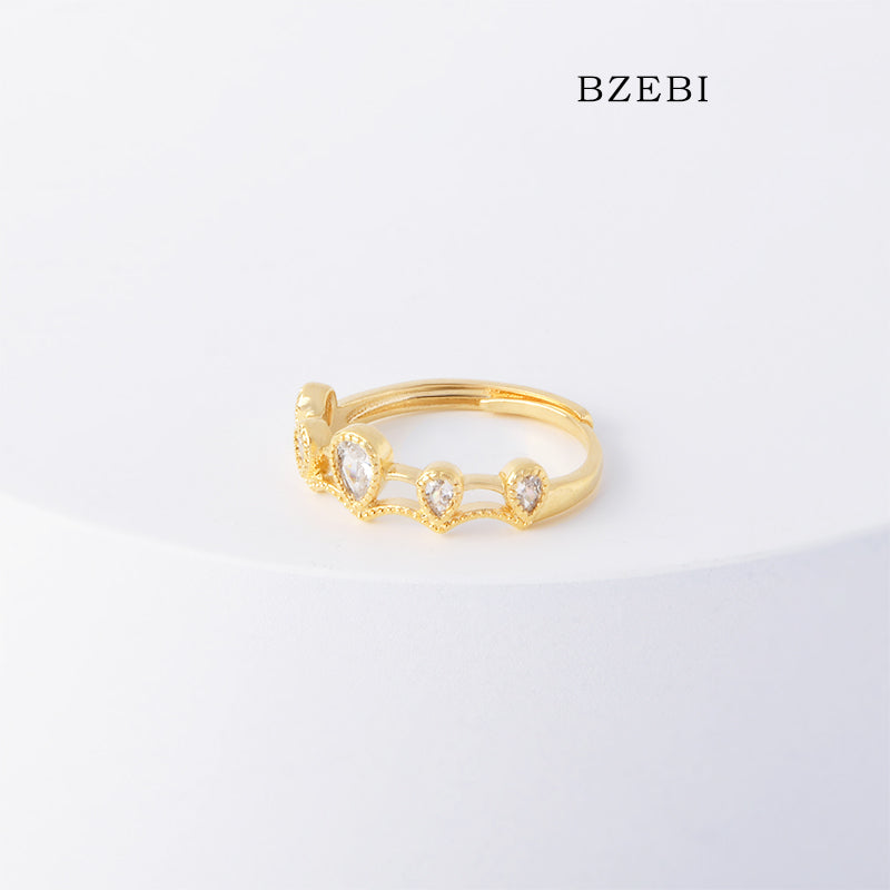 BZEBI 18k Gold Plated Cubic Zirconia Zircon Crown Adjustable Rings for Women with Box