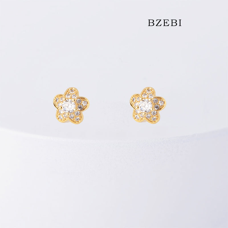 BZEBI 18k Gold Plated Cubic Zirconia Delicate Flower Stud Earrings for Women with Box