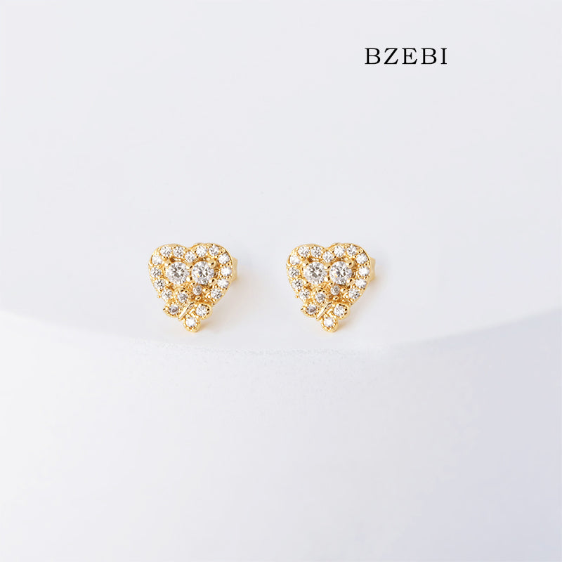 BZEBI 18k Gold Plated Cubic Zirconia Heart Short Stud Earrings for Women with Box