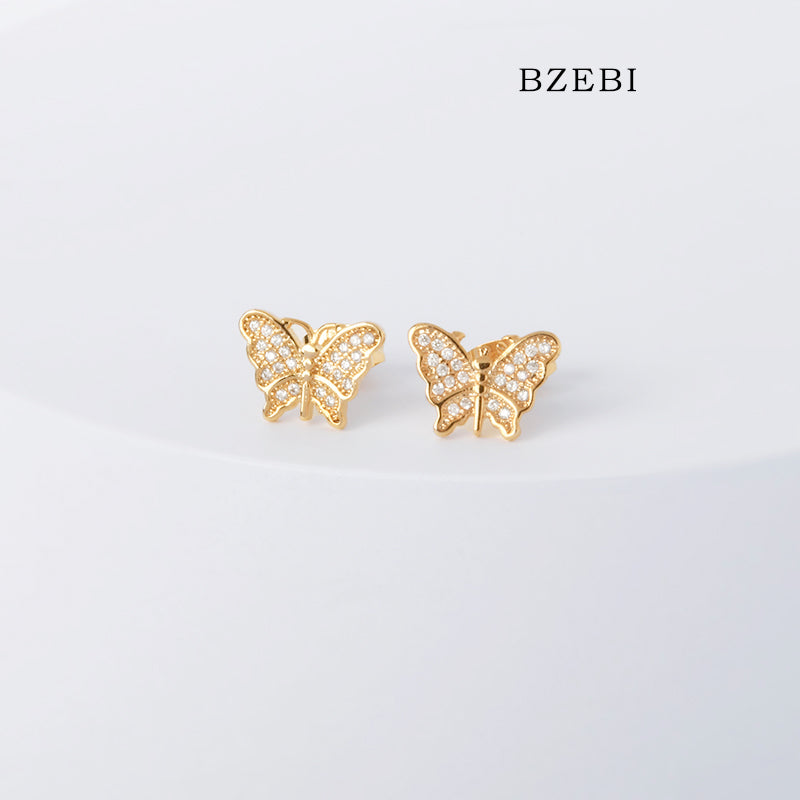 BZEBI 18k Gold Plated Cubic Zirconia Butterfly Stud Earrings for Women with Box