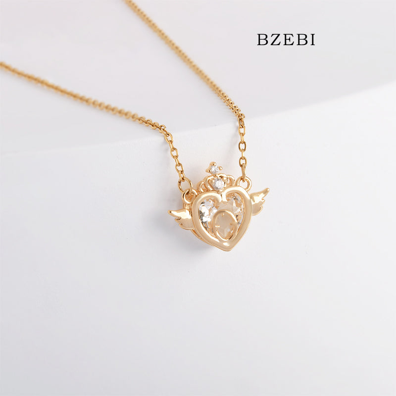 BZEBI 18k Gold Plated Cubic Zirconia Heart Staff Necklace for Women with Box