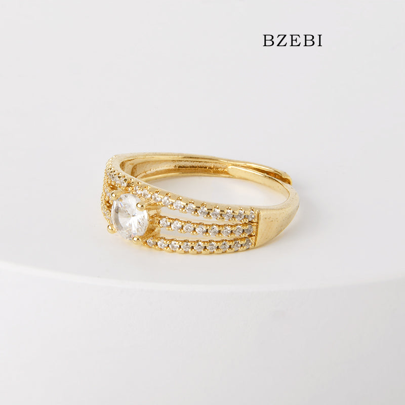 BZEBI 18k Gold Plated Cubic Zirconia Triple Chain Rings for Women with Box