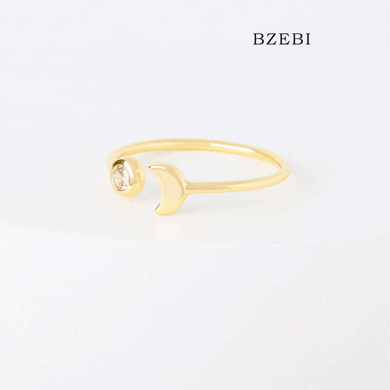 BZEBI 18k Gold Plated Cubic Zirconia Moon Adjustable Rings for Women with Box