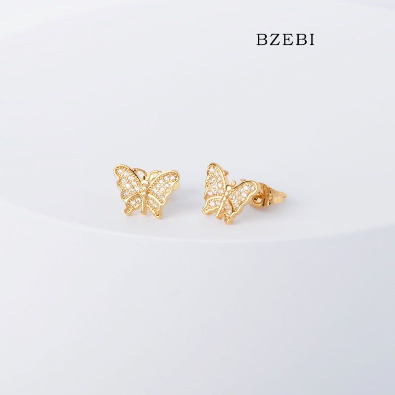 BZEBI 18k Gold Plated Cubic Zirconia Butterfly Stud Earrings for Women with Box