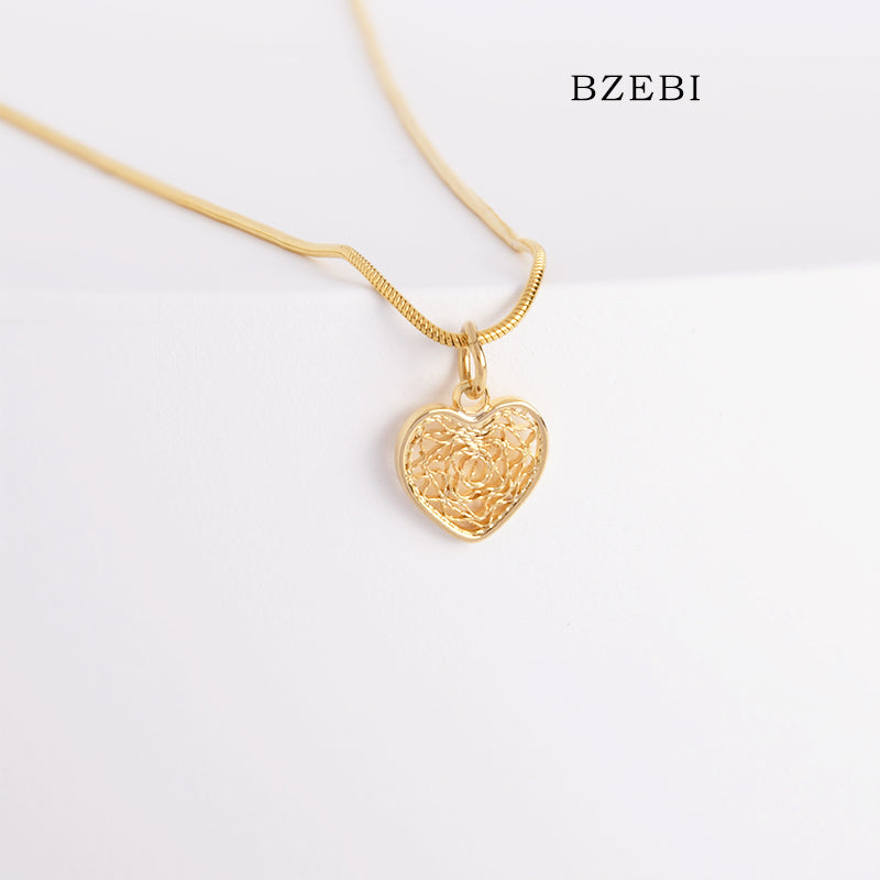 BZEBI 18k Gold Plated Cubic Zirconia Heart Cutout Silk Necklace for Women with Box