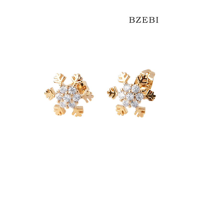 BZEBI 18k Gold Plated Cubic Zirconia Snowflake Stud Earrings for Women with Box