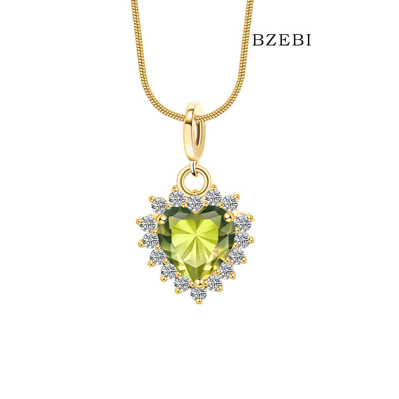 BZEBI 18K Gold Plated 5A Cubic Zirconia Heart Necklace Peridot Green