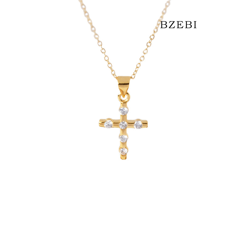 BZEBI 18k Gold Plated Cubic Zirconia Cross Zircon Necklace for Women with Box