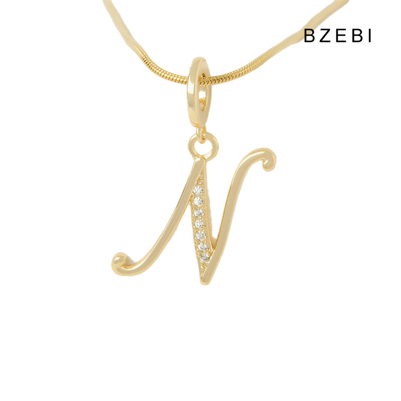 BZEBI 18K Gold Cubic Zirconia Letter N Pendant Necklace