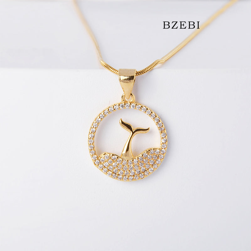 BZEBI 18k Gold Plated Cubic Zirconia Whale Fall Women Necklace with Box