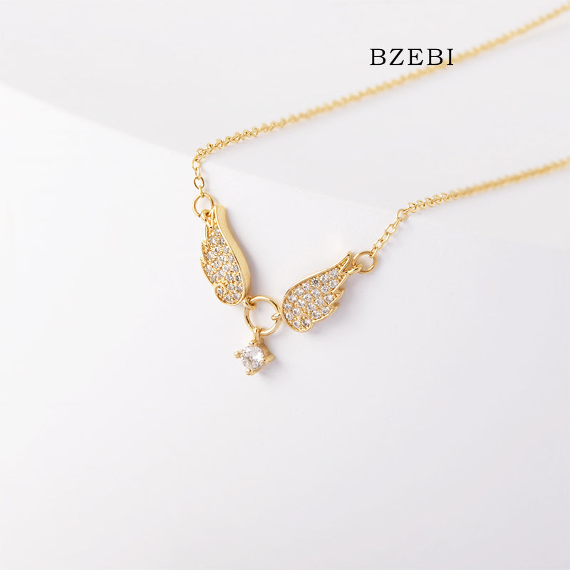 BZEBI 18k Gold Plated Cubic Zirconia Angel Wings Necklace for Women with Box