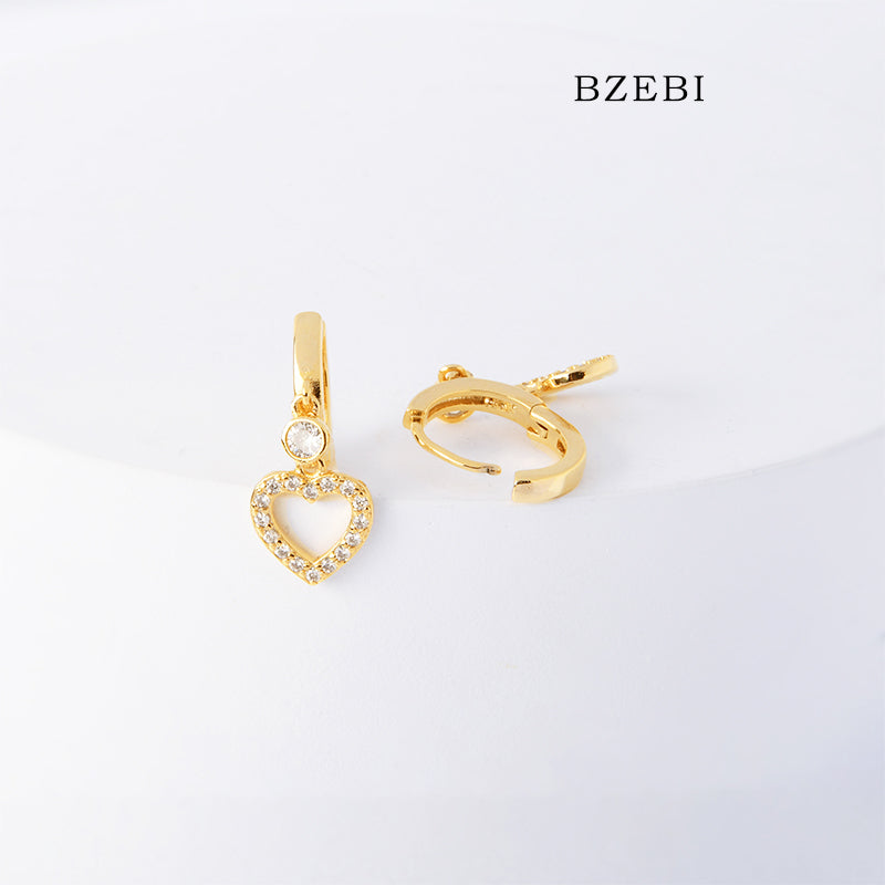 BZEBI 18k Gold Plated Cubic Zirconia Heart Clip Stud Earrings for Women with Box