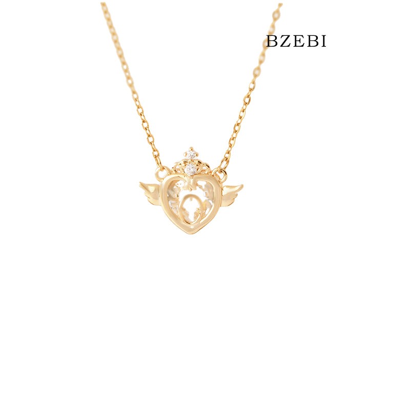 BZEBI 18k Gold Plated Cubic Zirconia Heart Staff Necklace for Women with Box