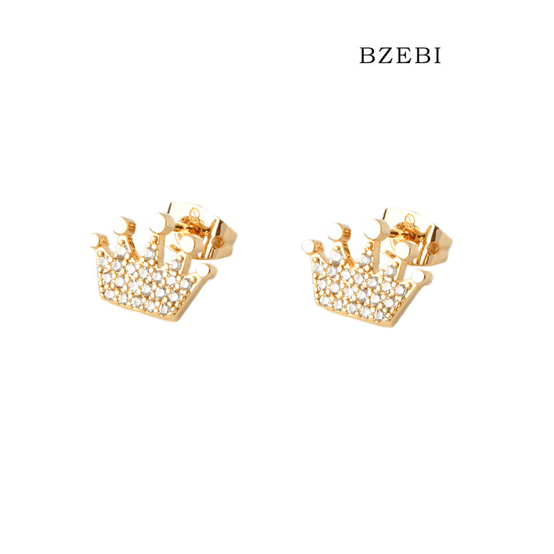 BZEBI 18k Gold Plated Cubic Zirconia Crown  Stud Earrings for Women with Box