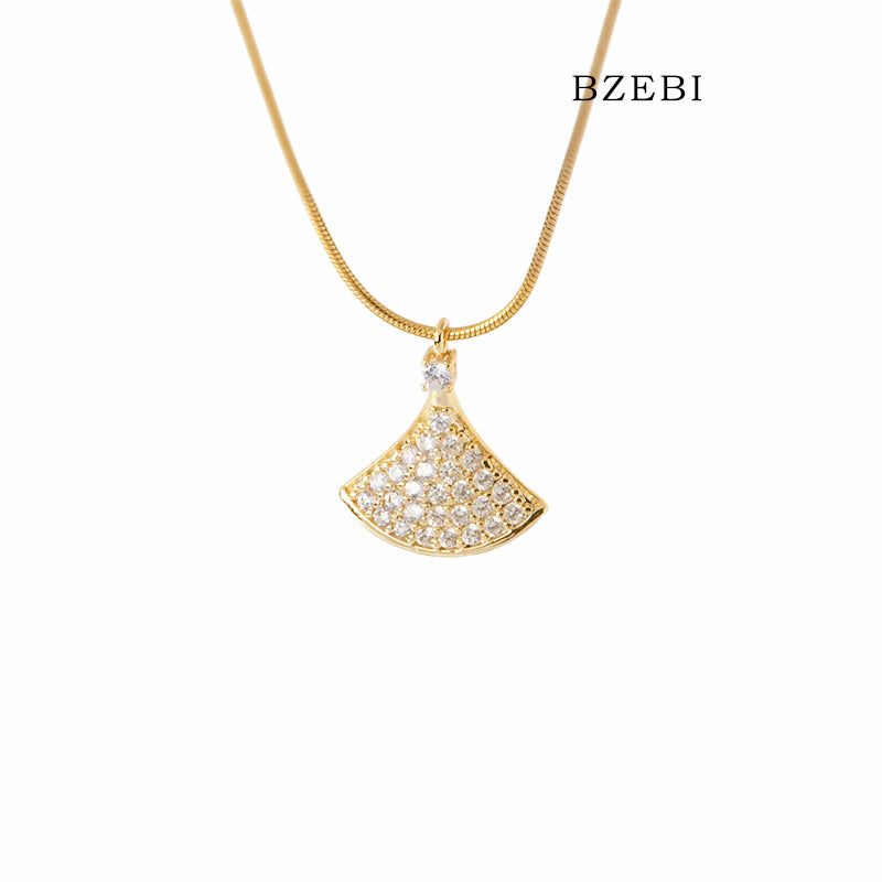 BZEBI 18k Gold Plated Cubic Zirconia fan-shaped pendant Necklace for Women with Box