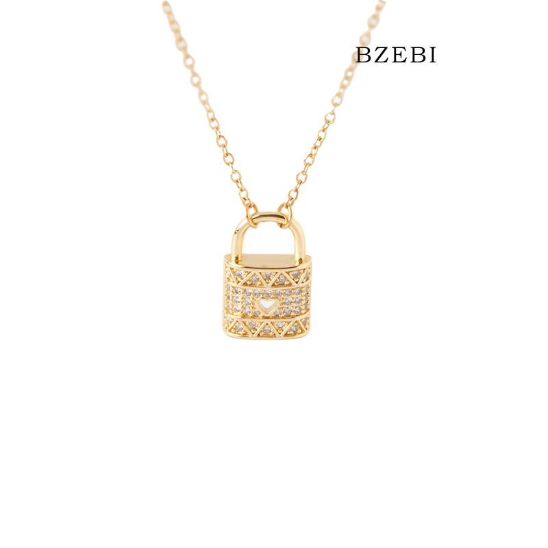 BZEBI 18k Gold Plated Cubic Zirconia Gold Plated Lock Necklace for Women with Box