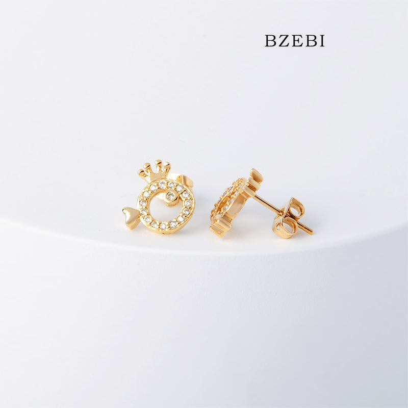 BZEBI 18k Gold Plated Cubic Zirconia Crown Fish Stud Earrings for Women with Box