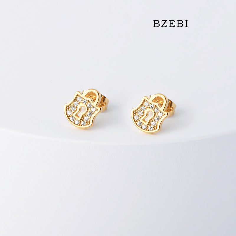 BZEBI 18k Gold Plated Cubic Zirconia Lock pattern Stud Earrings for Women with Box