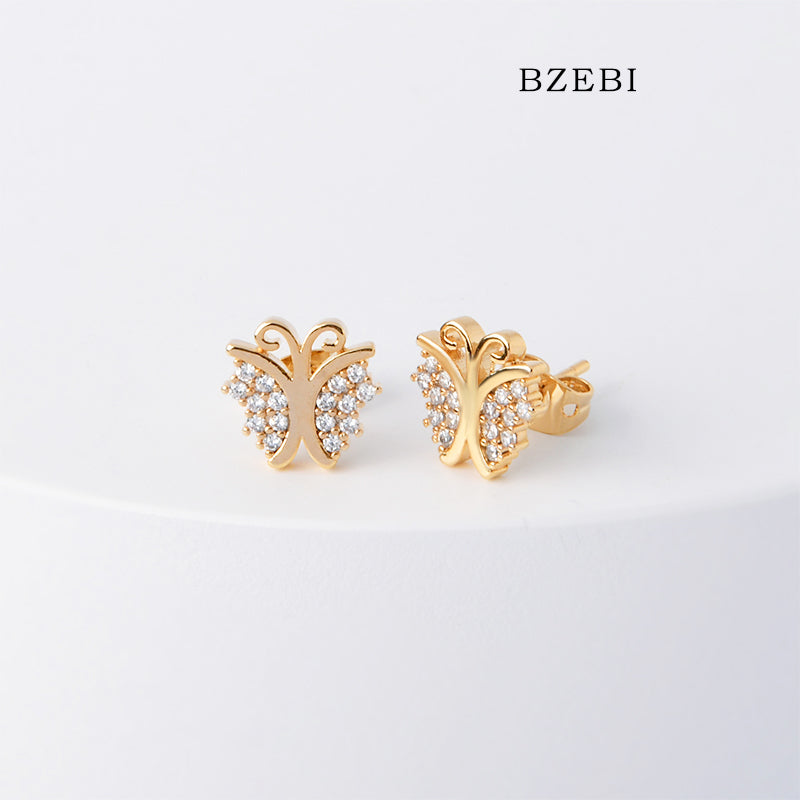 BZEBI 18k Gold Plated Cubic Zirconia Butterfly Stud Earrings for Women with Box