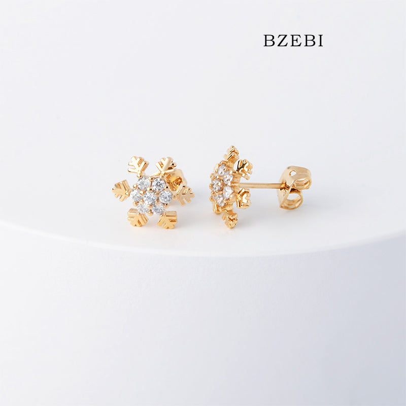 BZEBI 18k Gold Plated Cubic Zirconia Snowflake Stud Earrings for Women with Box