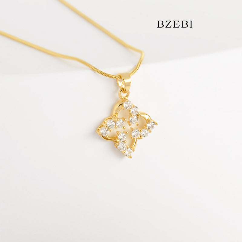 BZEBI 18k Gold Plated Cubic Zirconia gold-plated four-page flower Necklace for Women with Box