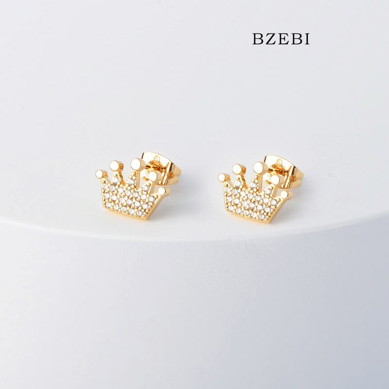 BZEBI 18k Gold Plated Cubic Zirconia Crown  Stud Earrings for Women with Box