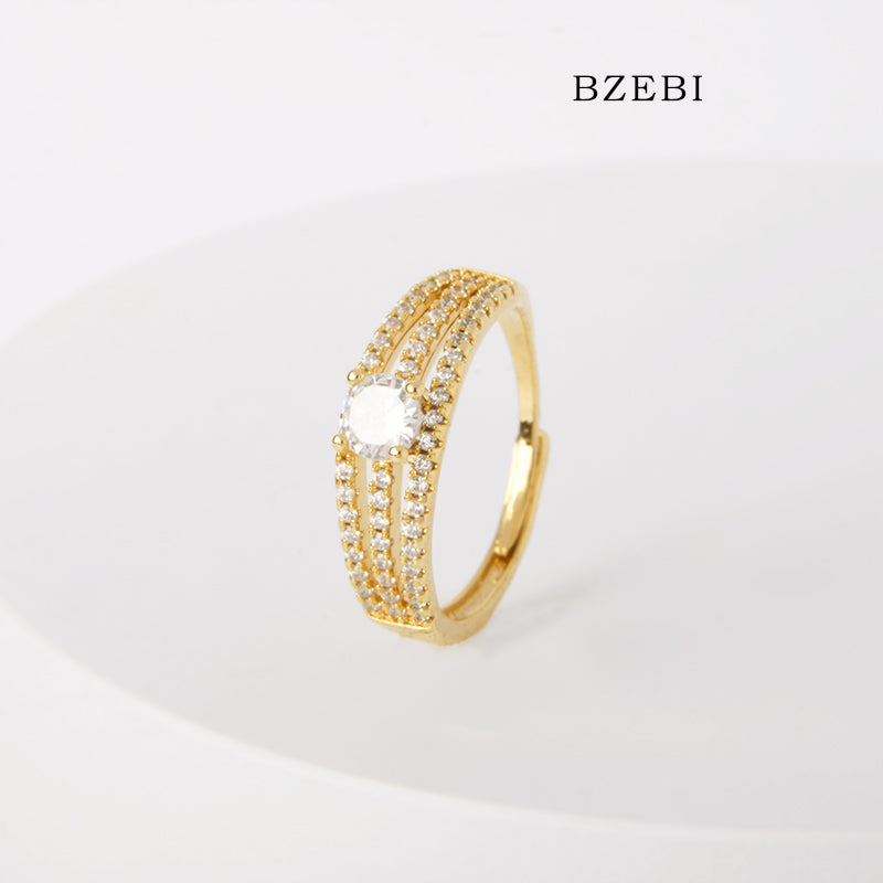 BZEBI 18k Gold Plated Cubic Zirconia Triple Chain Rings for Women with Box