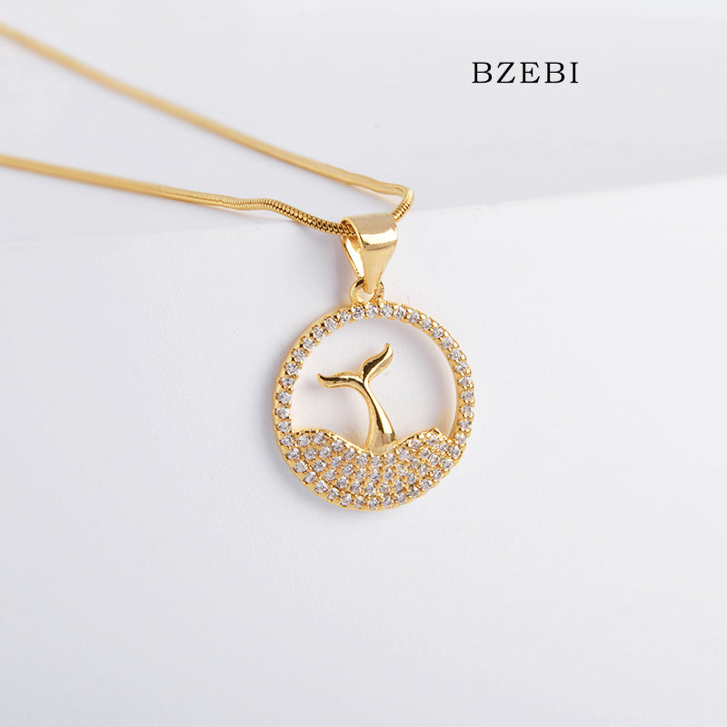 BZEBI 18k Gold Plated Cubic Zirconia Whale Fall Women Necklace with Box