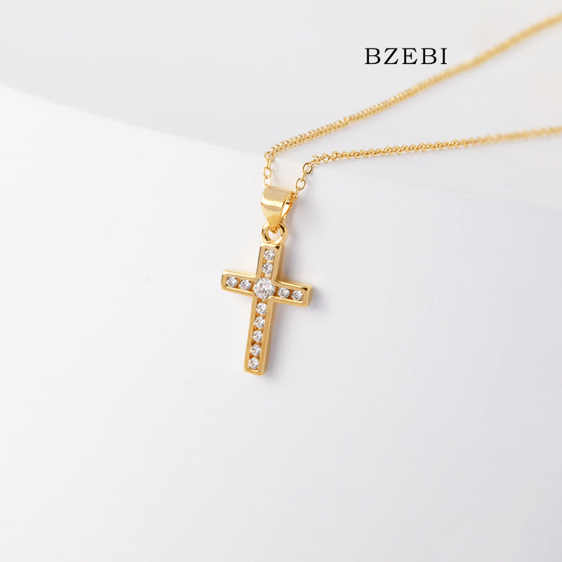 BZEBI 18k Gold Plated Cubic Zirconia Cross Flat Zircon Necklace for Women with Box