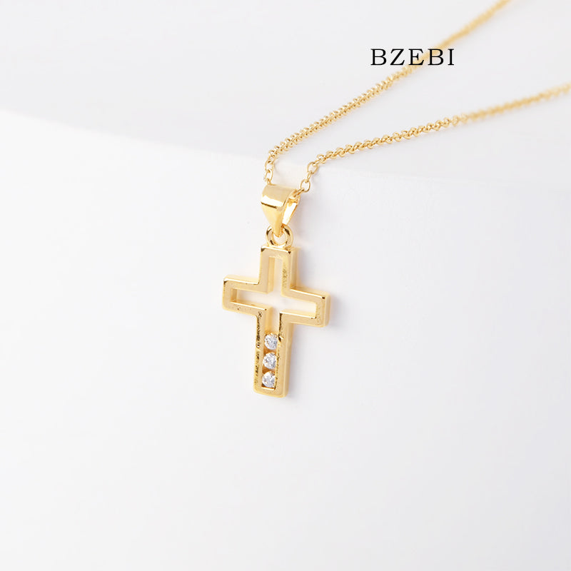 BZEBI 18k Gold Plated Cubic Zirconia Cross Cutout Zircon Necklace for Women with Box