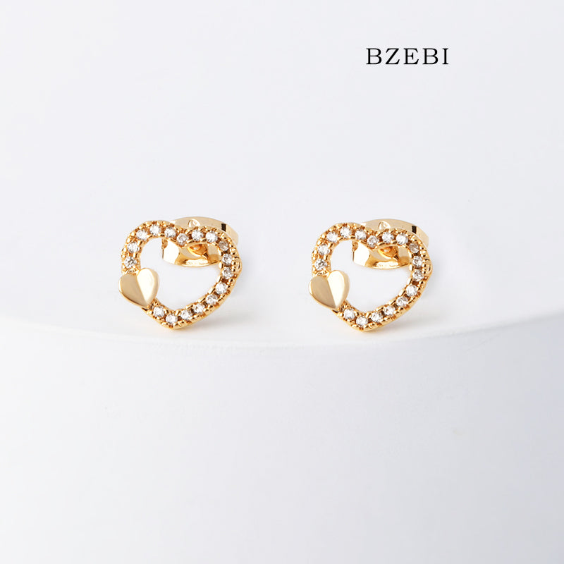 BZEBI 18k Gold Plated Cubic Zirconia Heart Stud Earrings for Women with Box