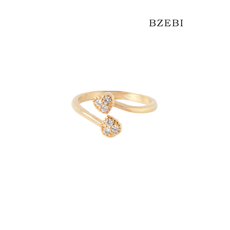 BZEBI 18k Gold Plated Cubic Zirconia Double Heart Adjustable Rings for Women with Box