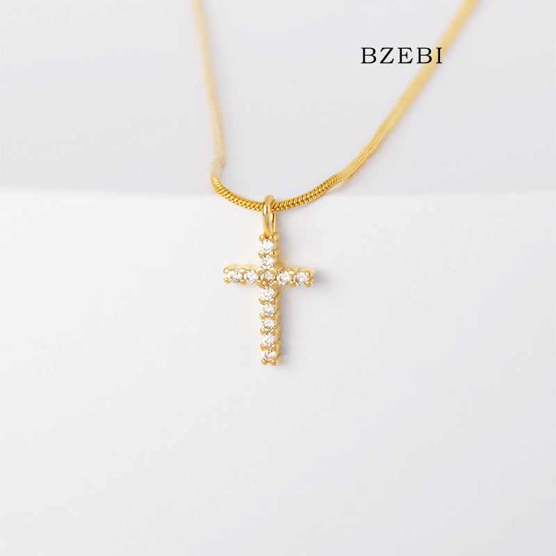 BZEBI 18k Gold Plated Cubic Zirconia Cross Necklace Necklace for Women with Box