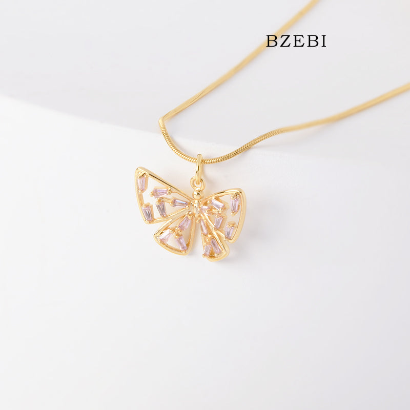 BZEBI 18k Gold Plated Cubic Zirconia ladies freedom butterfly Necklace for Women with Box