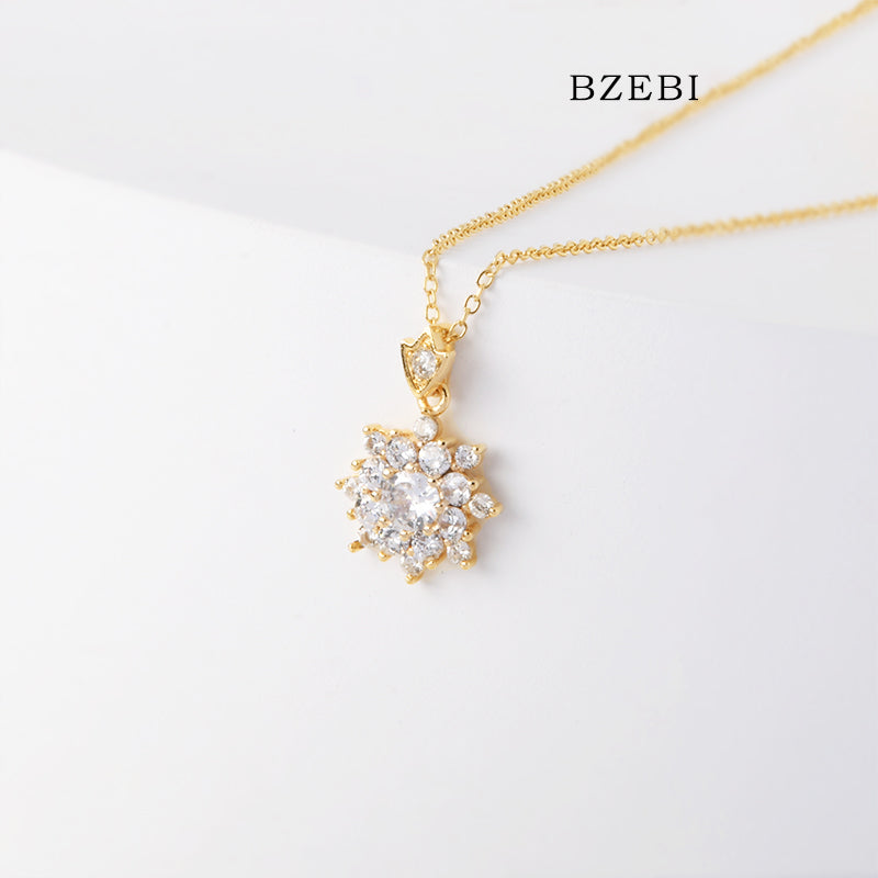 BZEBI 18k Gold Plated Cubic Zirconia Snowflake Zircon Necklace for Women with Box