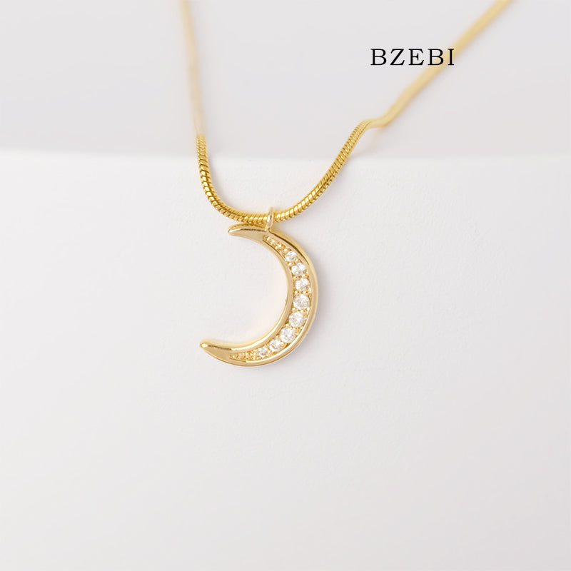 BZEBI 18k zircon inlaid Mini Moon Necklace