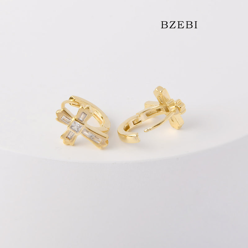 BZEBI 18k Gold Plated Cubic Zirconia Cross Buckle Stud Earrings for Women with Box