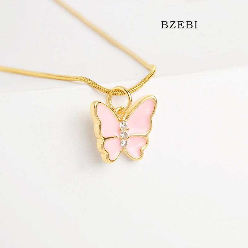 BZEBI 18k Gold Plated Cubic Zirconia pink butterfly Necklace for Women with Box