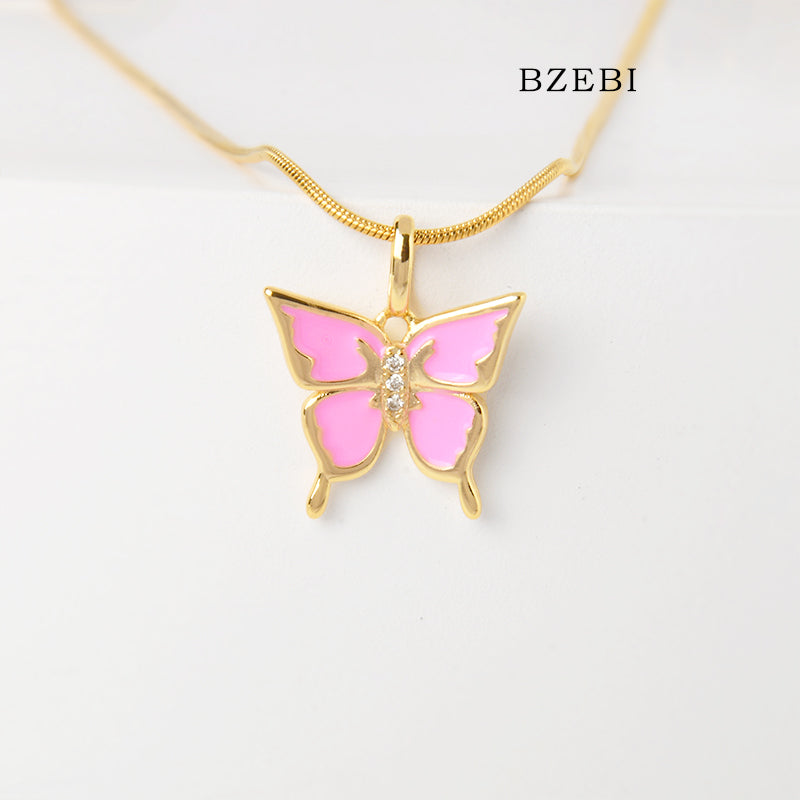 BZEBI 18k Gold Plated Cubic Zirconia pink butterfly Necklace for Women with Box