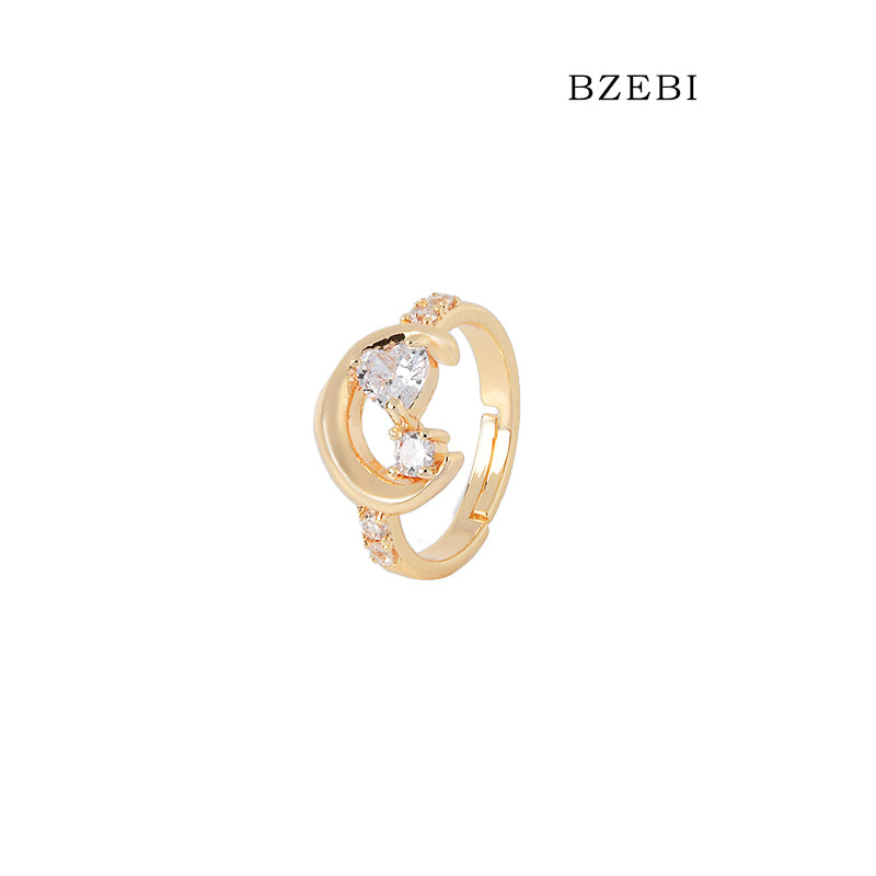 BZEBI 18k Gold Plated Cubic Zirconia Moon Ring for Women with Box