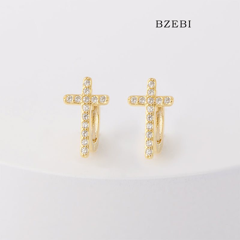 BZEBI 18k Gold Plated Cubic Zirconia Plus Buckle Stud Earrings for Women with Box