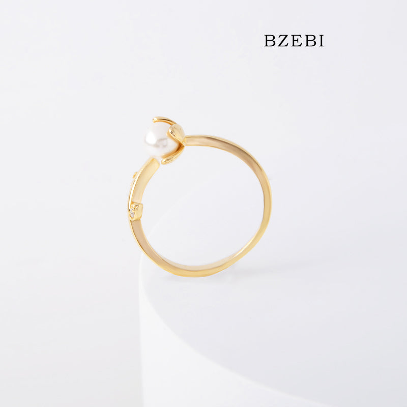 BZEBI 18k Gold Plated Cubic Zirconia Willow Pearl Adjustable Rings for Women with Box